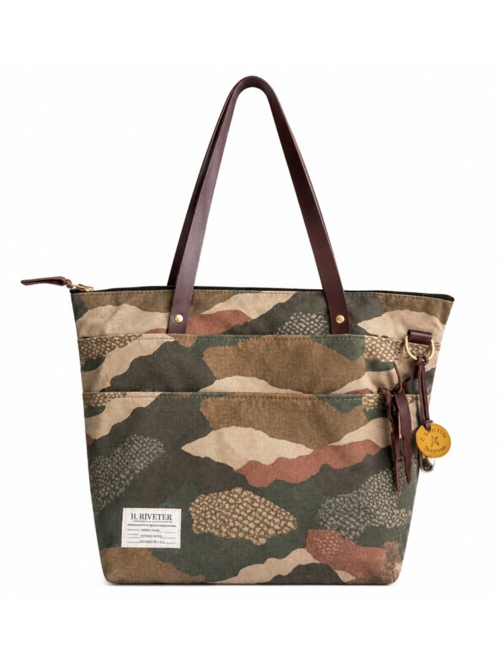 R. Riveter Camouflage Canvas Leather Tote Bag Striped Lining Zip Pockets Brass